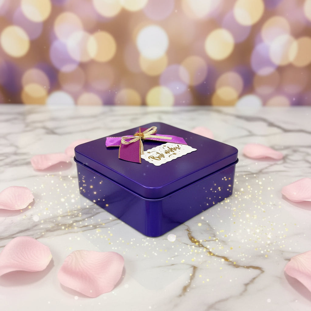 AM7457 Square Metal Gift Tin Box with Decorative Bow and "Best Wishes" Label