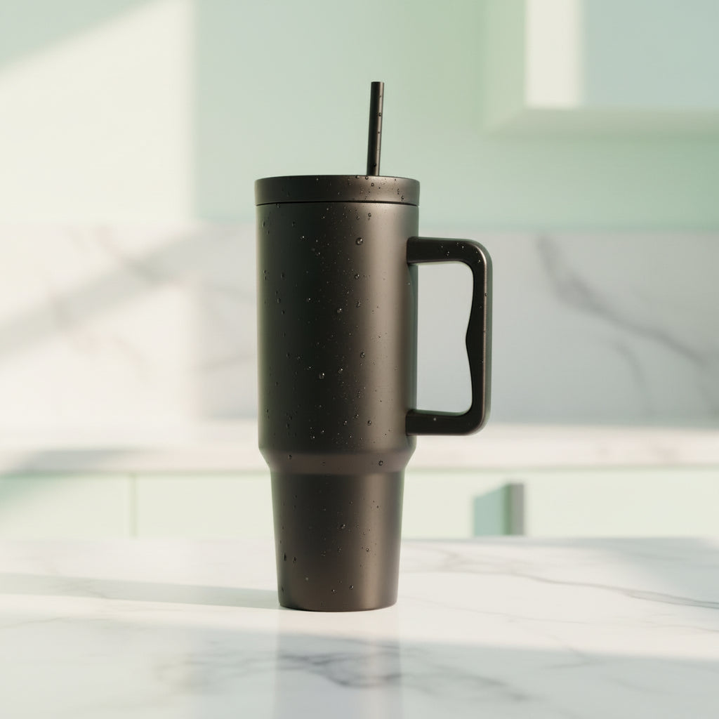AM7458 Matte Black Insulated Travel Tumbler with Ergonomic Handle and Straw