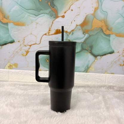 AM7458 Matte Black Insulated Travel Tumbler with Ergonomic Handle and Straw