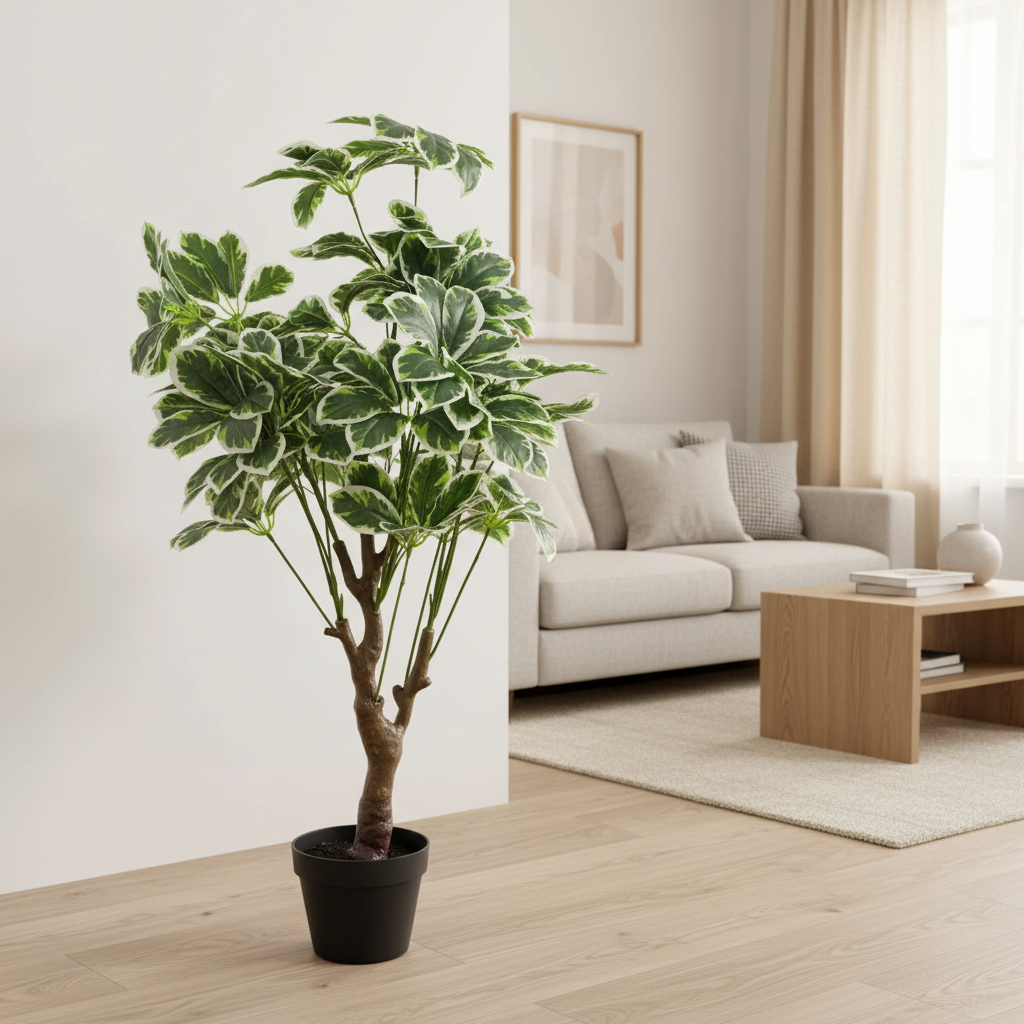 AM7464 SMALL Artificial Variegated Schefflera Umbrella Tree in Black Pot