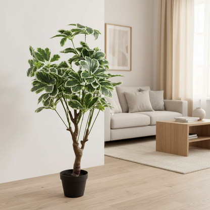 AM7464 SMALL Artificial Variegated Schefflera Umbrella Tree in Black Pot