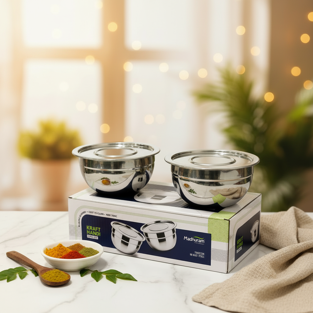 AM7483 Madhuram Kraft Handi – 2-Piece Stainless Steel Set with Lids (no1)