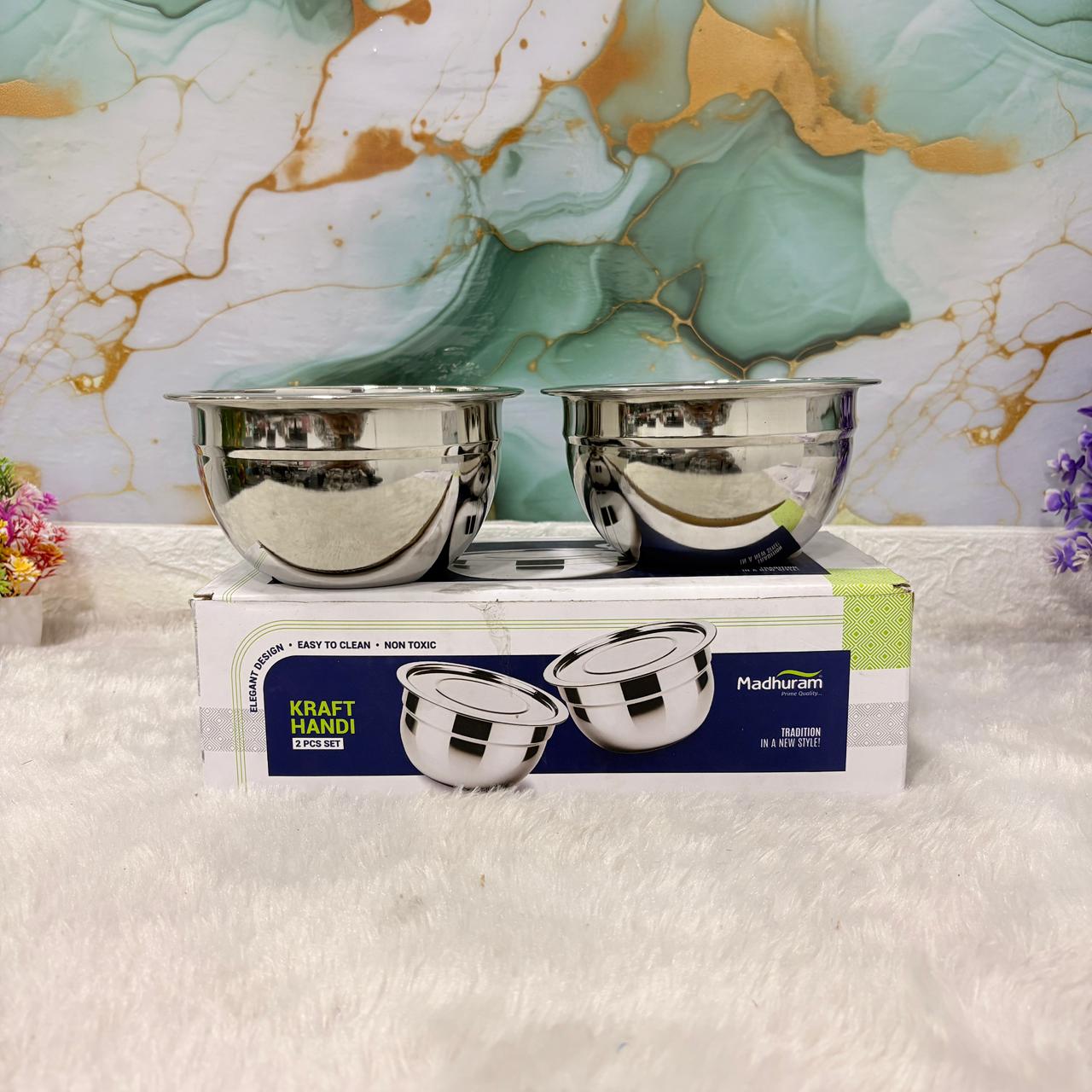 AM7484 Madhuram Kraft Handi – 2-Piece Stainless Steel Set with Lids (no.2)