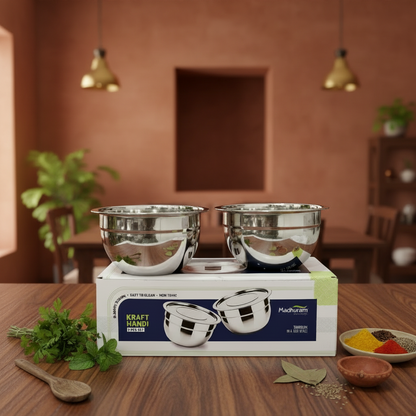 AM7484 Madhuram Kraft Handi – 2-Piece Stainless Steel Set with Lids (no.2)