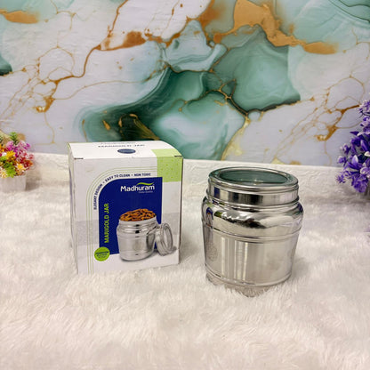 AM7489 Madhuram Marigold Stainless Steel Storage Jar with Transparent Lid (No.1)