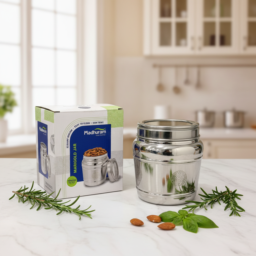 AM7489 Madhuram Marigold Stainless Steel Storage Jar with Transparent Lid (No.1)