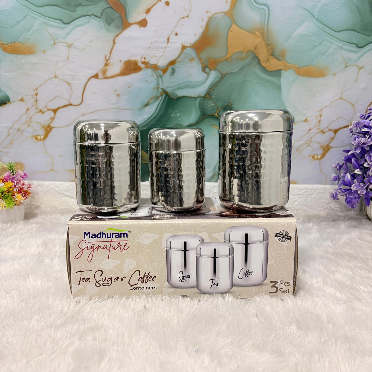 AM7491 Madhuram Signature 3-Piece Hammered Tea, Sugar, & Coffee Container Set