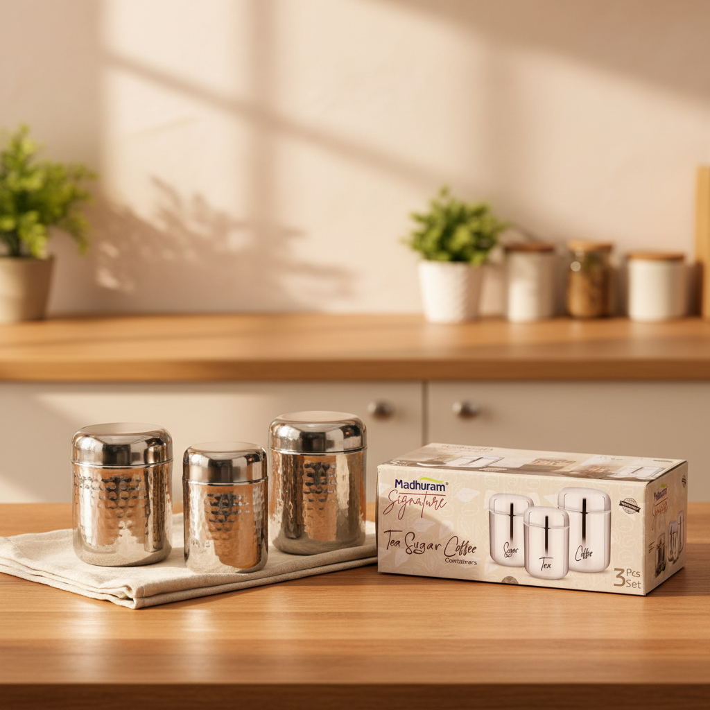 AM7491 Madhuram Signature 3-Piece Hammered Tea, Sugar, & Coffee Container Set