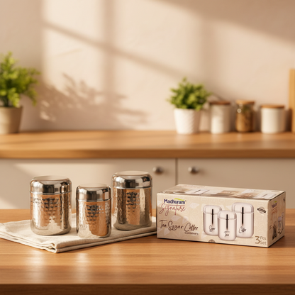 AM7491 Madhuram Signature 3-Piece Hammered Tea, Sugar, & Coffee Container Set