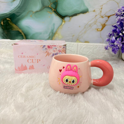TM0302 3D Labubu Pink Ceramic Mug with Chunky Handle
