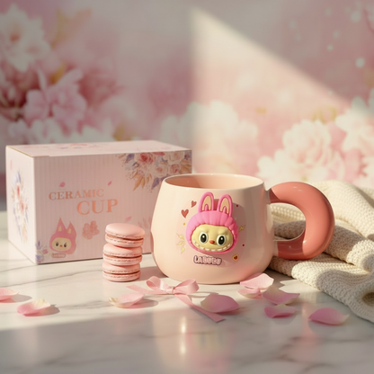 TM0302 3D Labubu Pink Ceramic Mug with Chunky Handle