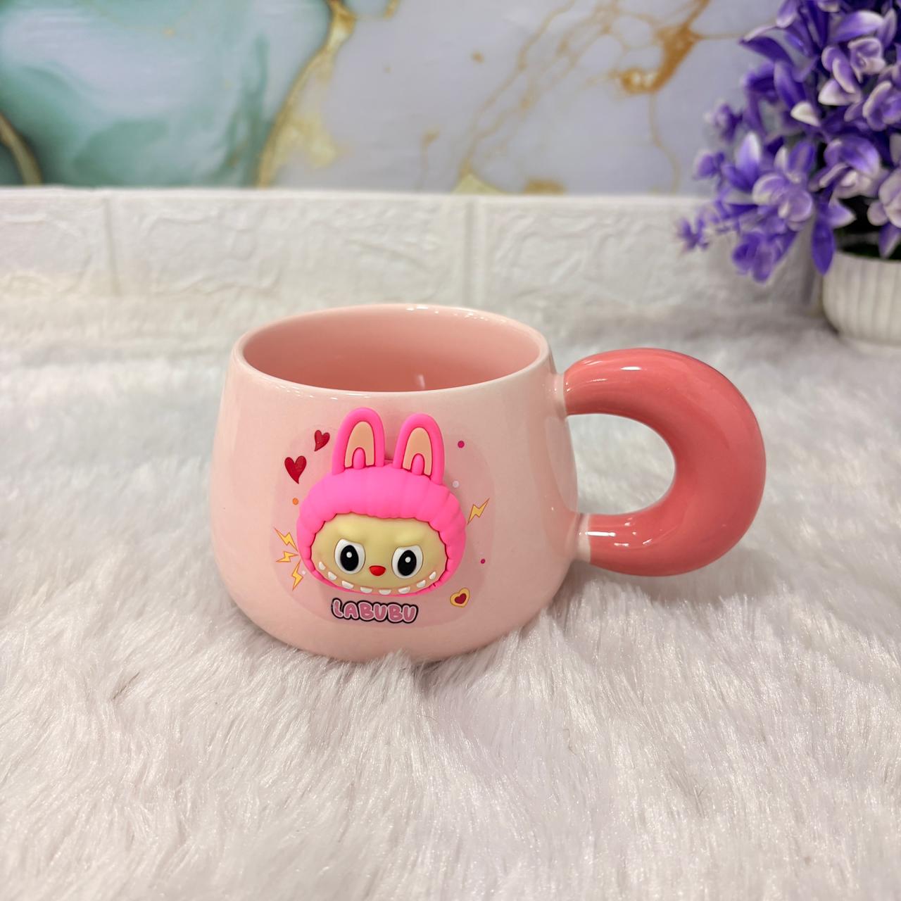 TM0302 3D Labubu Pink Ceramic Mug with Chunky Handle