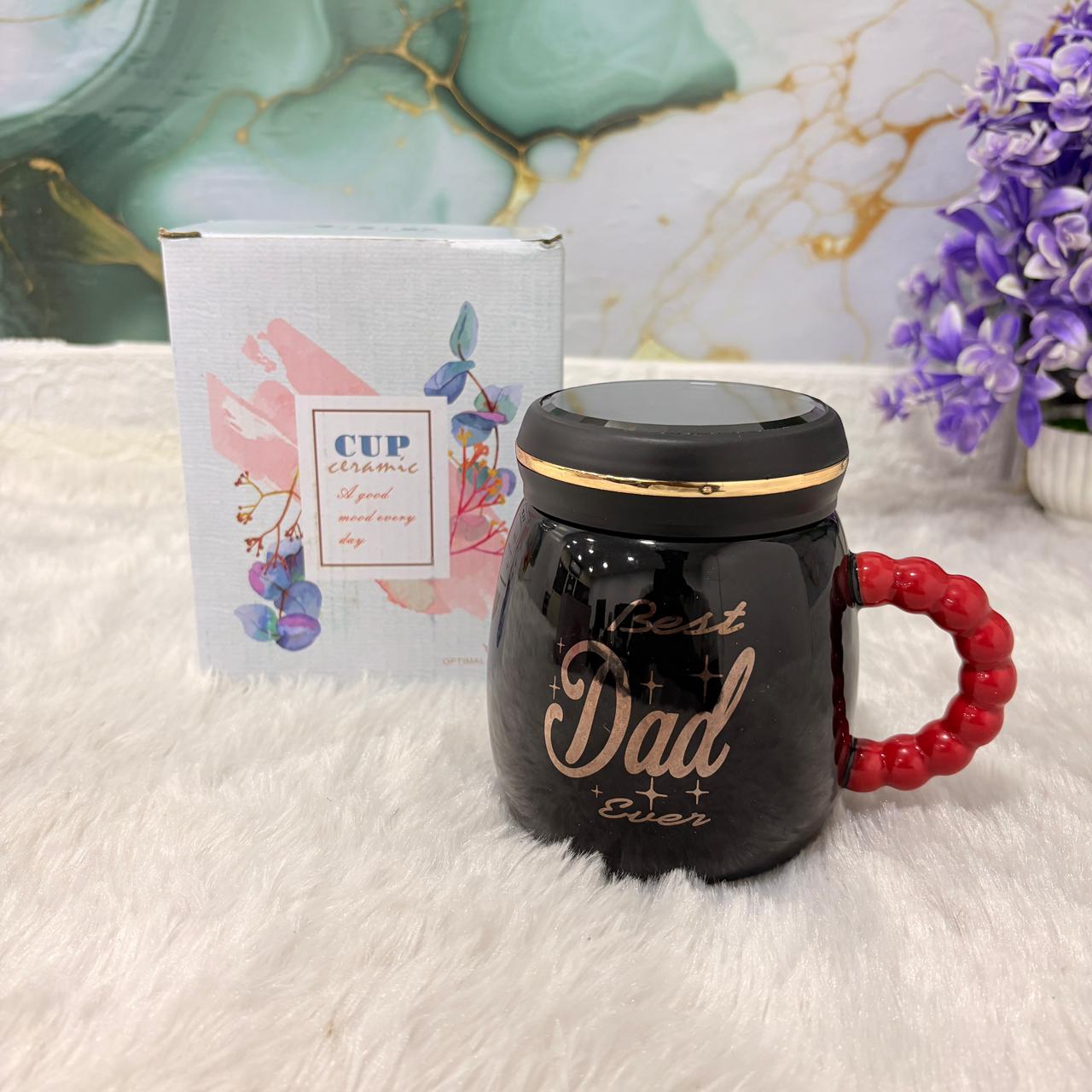 TM0303 Premium Black Ceramic "Best Dad Ever" Mug with Lid and Unique Beaded Handle
