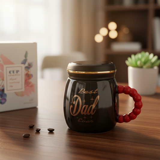TM0303 Premium Black Ceramic "Best Dad Ever" Mug with Lid and Unique Beaded Handle