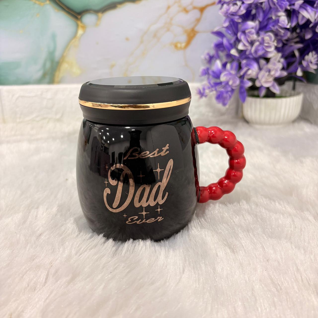 TM0303 Premium Black Ceramic "Best Dad Ever" Mug with Lid and Unique Beaded Handle