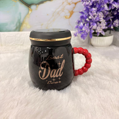 TM0303 Premium Black Ceramic "Best Dad Ever" Mug with Lid and Unique Beaded Handle