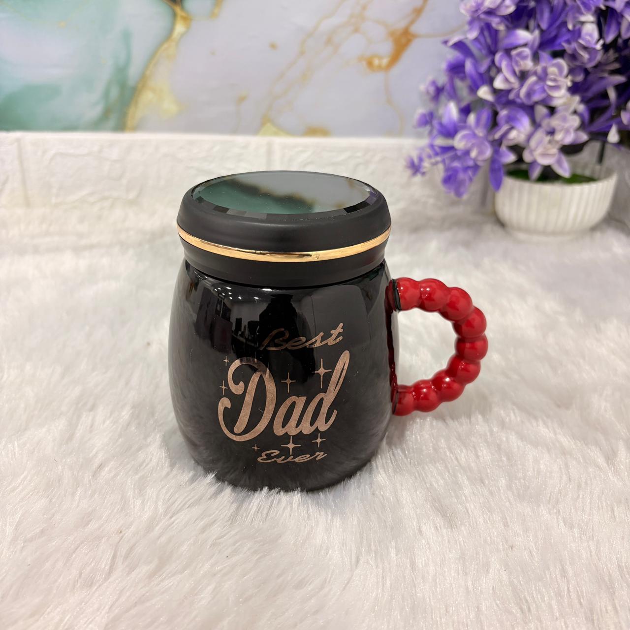 TM0303 Premium Black Ceramic "Best Dad Ever" Mug with Lid and Unique Beaded Handle