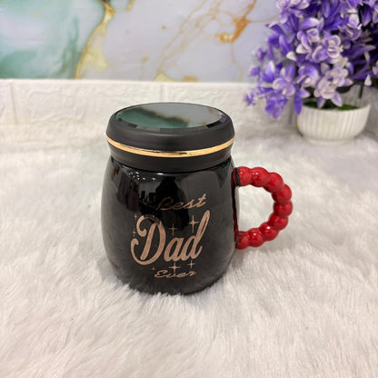 TM0303 Premium Black Ceramic "Best Dad Ever" Mug with Lid and Unique Beaded Handle