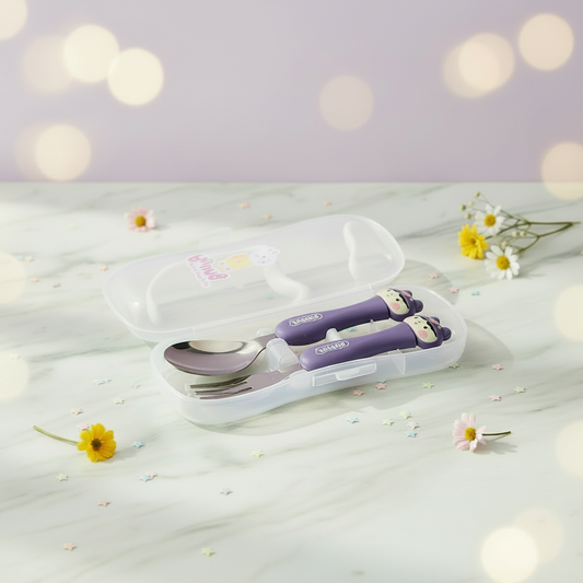 AM7511 Baby Self Feeding Spoon & Fork Set with Case | Stainless Steel Kids Cutlery 2-Piece Set