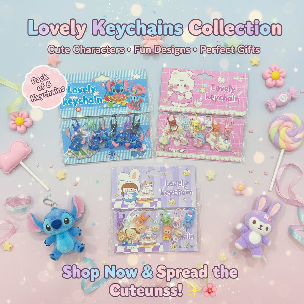 AM7556 Lovely Keychain Set – Pack of 6 Cute Cartoon & Character Keyrings for Bags and Accessories