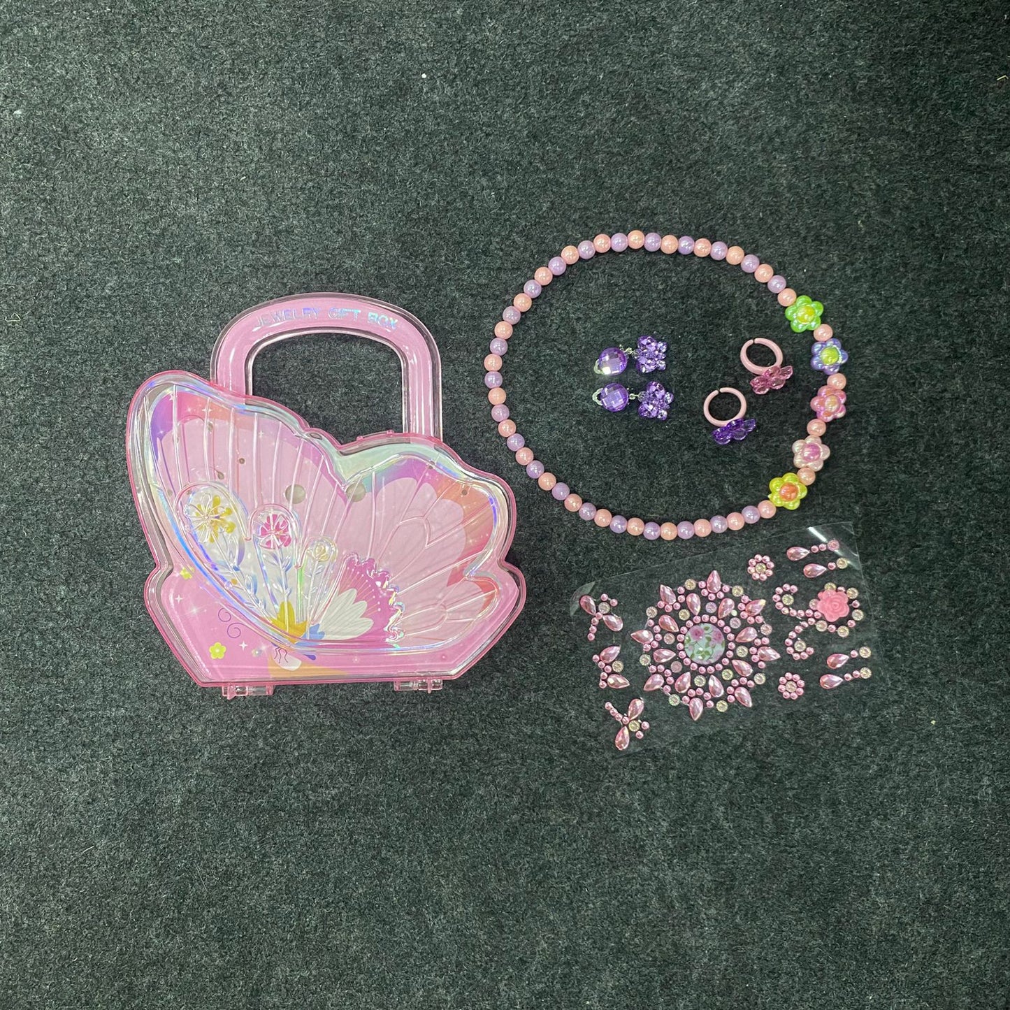 AM7558 Butterfly Shaped Jewelry Gift Box with Necklace, Earrings, and Decorative Stickers-7242 (1-Pcs)
