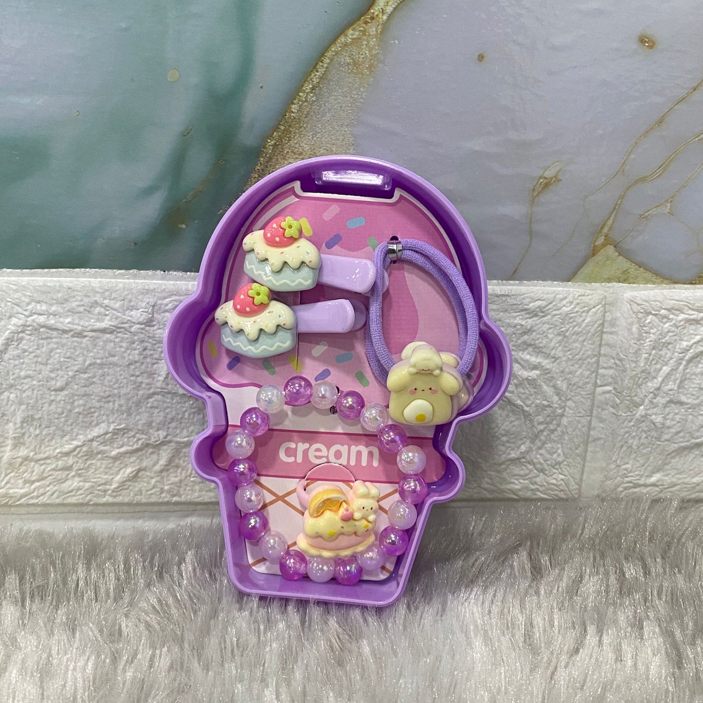 AM7560 Sweet Ice Cream Style Accessory Kit for Kids – Beaded Bracelet, Hair Clips, and Elastic Ties 6088 (1-Pcs)