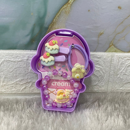 AM7560 Sweet Ice Cream Style Accessory Kit for Kids – Beaded Bracelet, Hair Clips, and Elastic Ties 6088 (1-Pcs)