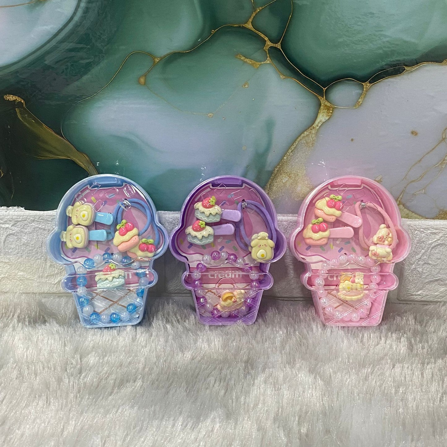 AM7560 Sweet Ice Cream Style Accessory Kit for Kids – Beaded Bracelet, Hair Clips, and Elastic Ties 6088 (1-Pcs)