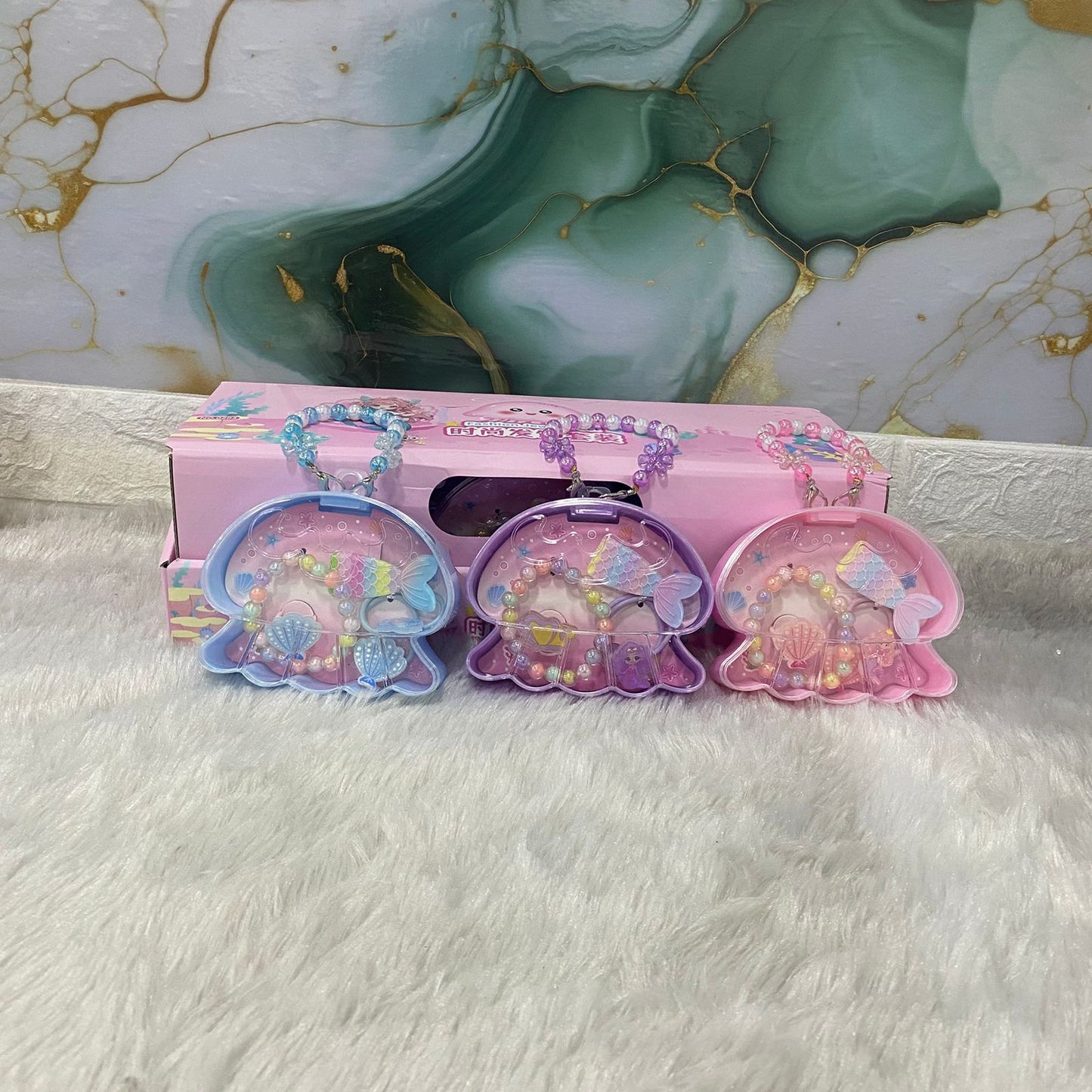 AM7561 Mermaid Theme Jellyfish Shaped Jewelry Purse Set for Kids – Beaded Bracelet and