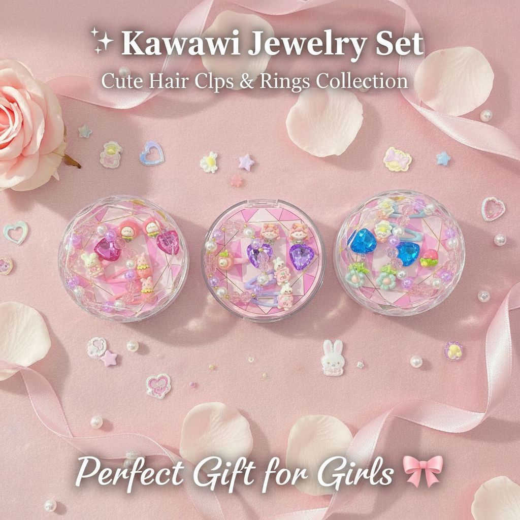 AM7562 Dreamy Crystal Style Jewelry and Hair Accessory Set for Kids in Round Gem Case