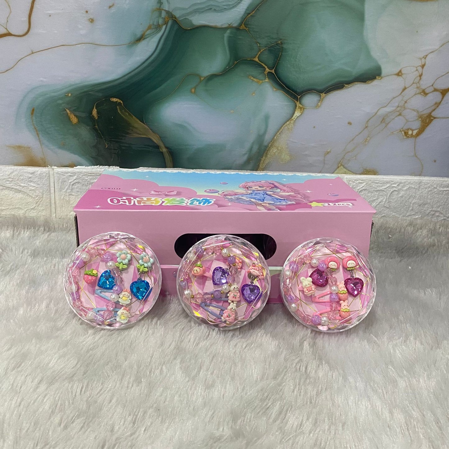 AM7562 Dreamy Crystal Style Jewelry and Hair Accessory Set for Kids in Round Gem Case