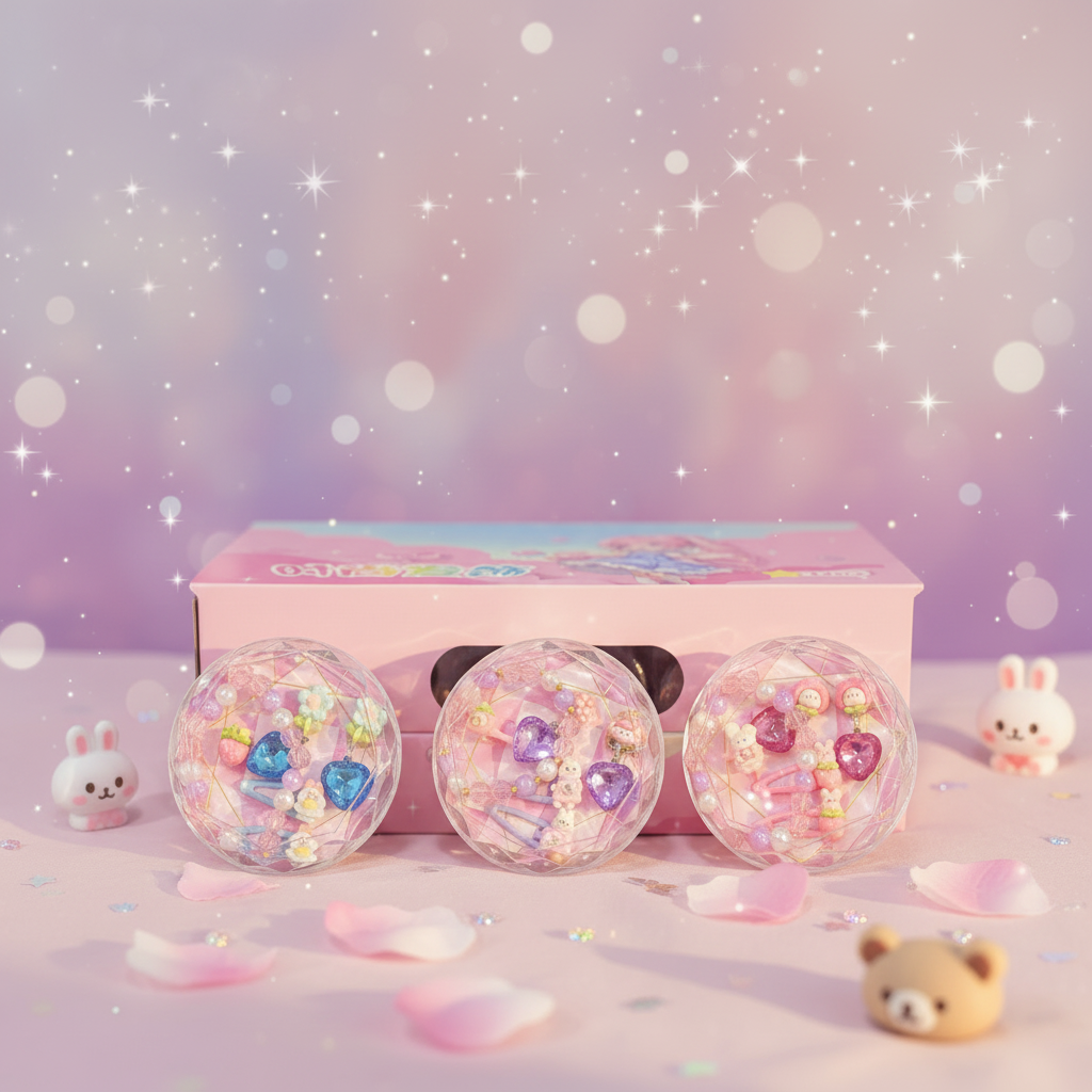 AM7562 Dreamy Crystal Style Jewelry and Hair Accessory Set for Kids in Round Gem Case