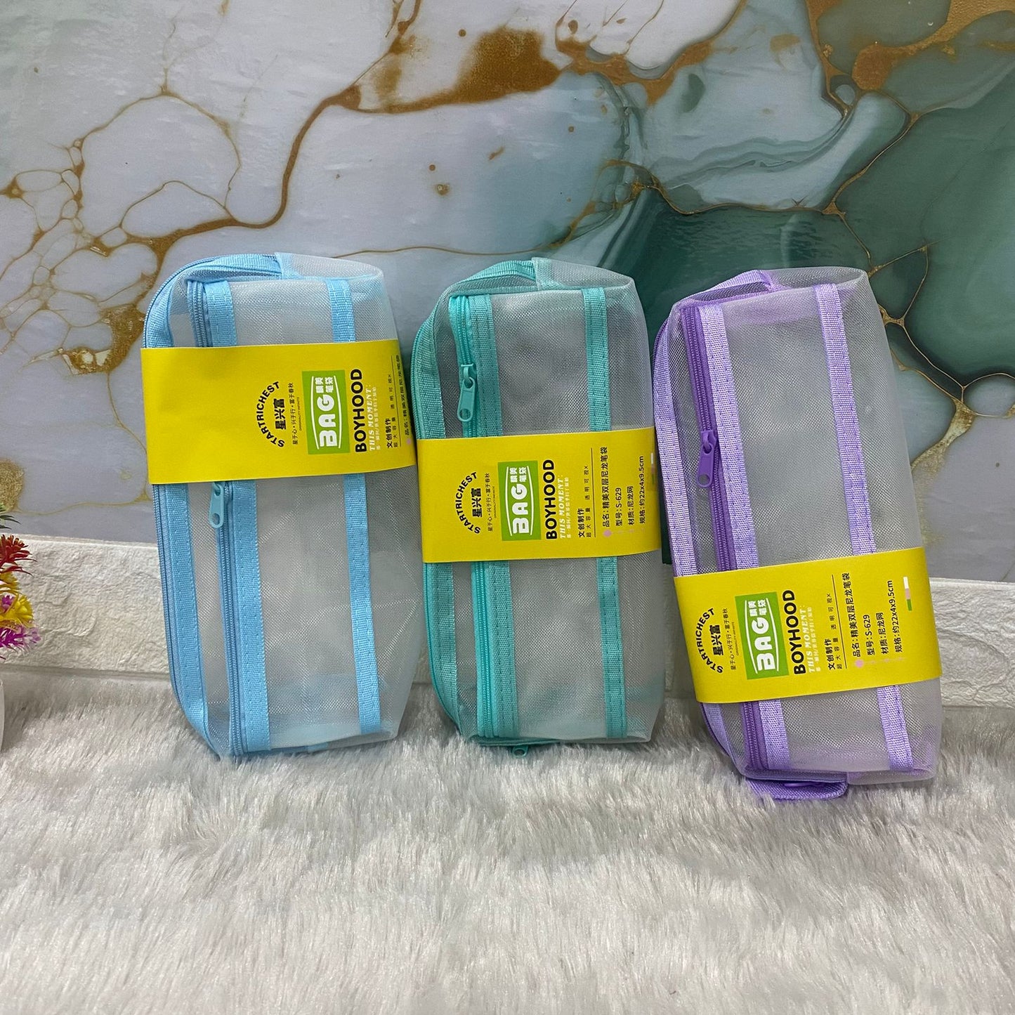 am7564 BOYHOOD Transparent Multi-Compartment Mesh Pencil Case & Stationery Organizer