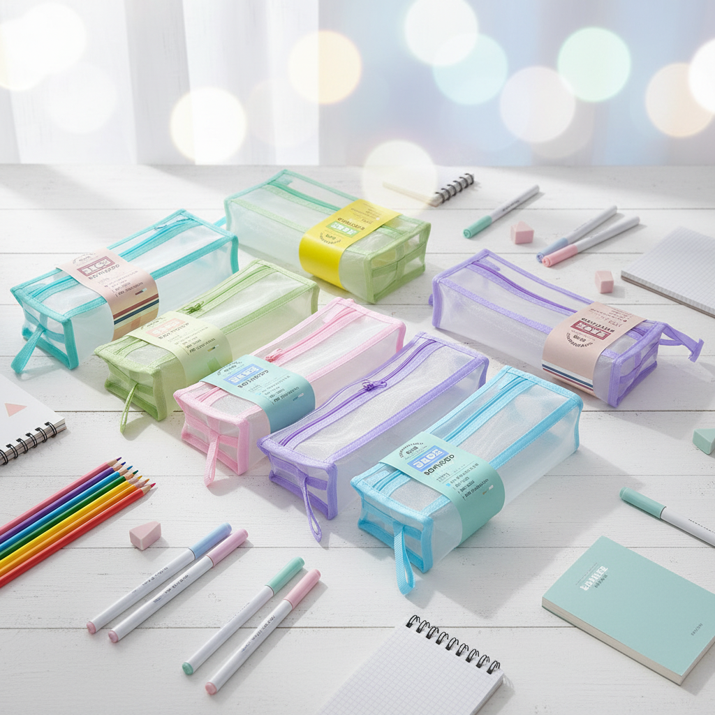 am7564 BOYHOOD Transparent Multi-Compartment Mesh Pencil Case & Stationery Organizer