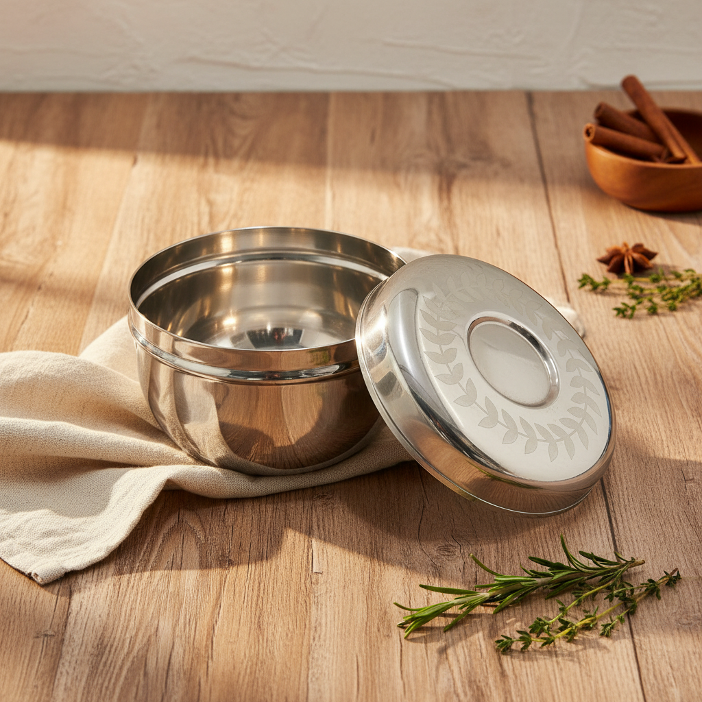 AM7572 Premium Stainless Steel Deep Storage Dabba with Laser Design Lid | Mirror Finish Multi-Purpose Kitchen Container