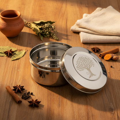 AM7574 Premium Stainless Steel Deep Storage Container with Banyan Tree Laser Design | Mirror Finish Multi-Purpose Kitchen Dabba