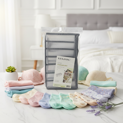 AM7640 Henfang Foldable Mesh Drawer Organizer Grid Storage Box For Bras and Clothes, 7 Compartments