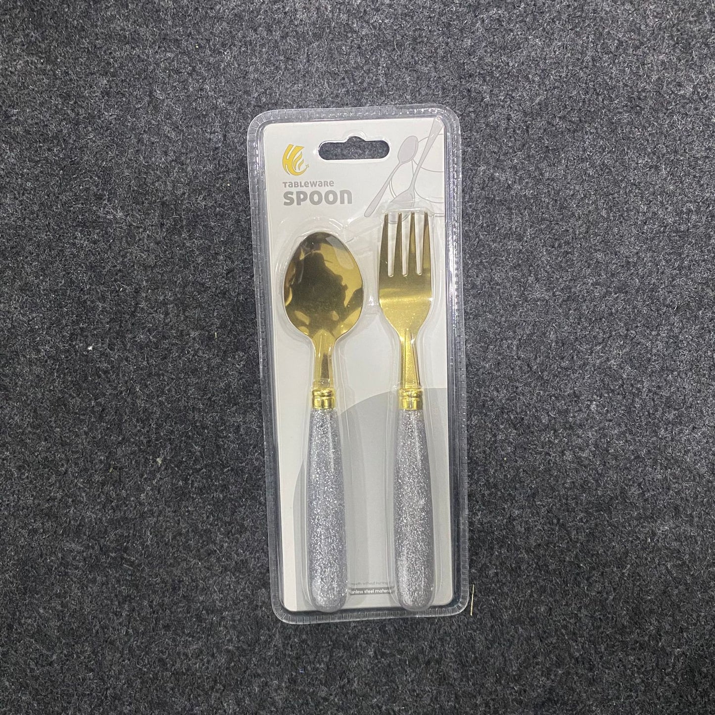 AM7659 Elegant Gold Plated Spoon and Fork Set with Sparkling Silver Glitter Handles