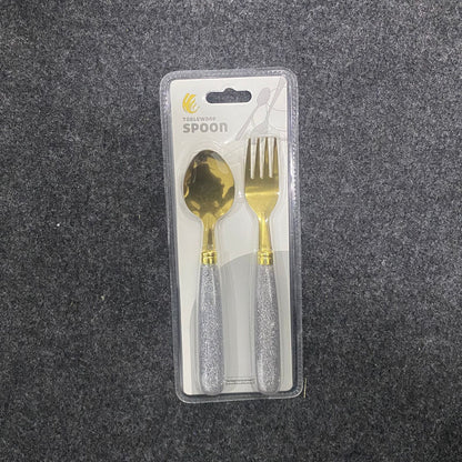 AM7659 Elegant Gold Plated Spoon and Fork Set with Sparkling Silver Glitter Handles