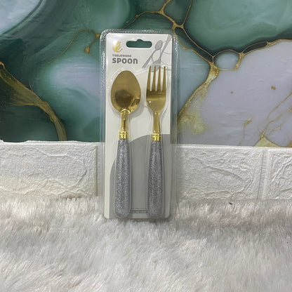 AM7659 Elegant Gold Plated Spoon and Fork Set with Sparkling Silver Glitter Handles