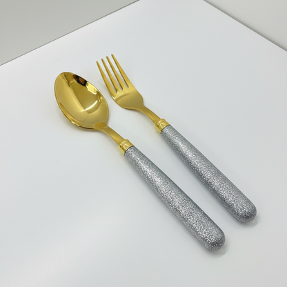AM7659 Elegant Gold Plated Spoon and Fork Set with Sparkling Silver Glitter Handles