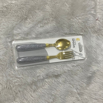AM7659 Elegant Gold Plated Spoon and Fork Set with Sparkling Silver Glitter Handles
