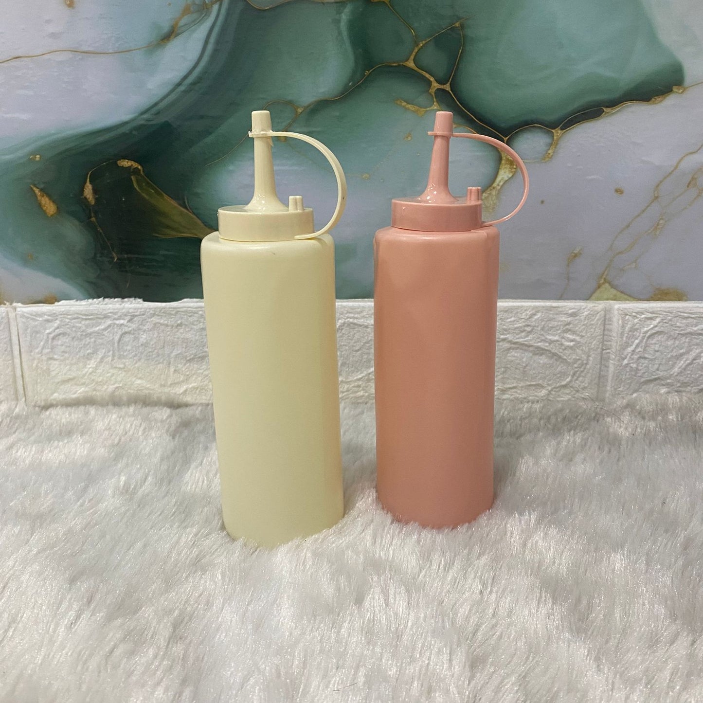 AM7667 Set of Two Pastel Colored Plastic Squeeze Condiment Bottles with Nozzle Caps for Kitchen Use