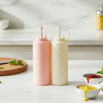AM7667 Set of Two Pastel Colored Plastic Squeeze Condiment Bottles with Nozzle Caps for Kitchen Use