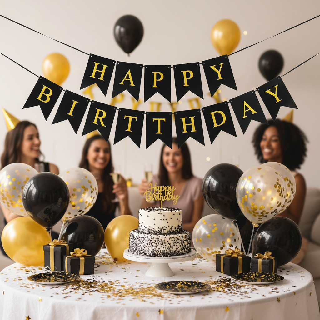 AM7675 Metallic Gold Foil Happy Birthday Paper Banner Decoration Set with Hanging Ribbon String
