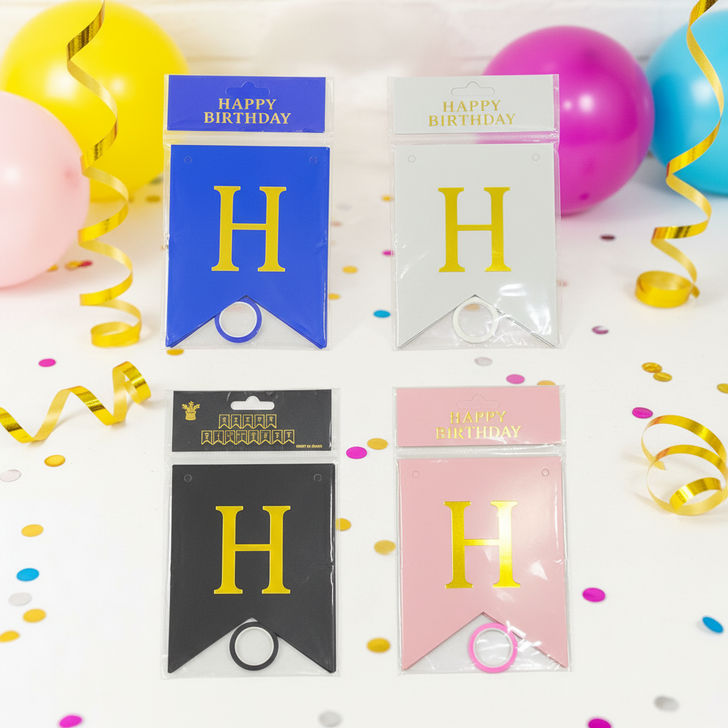 AM7675 Metallic Gold Foil Happy Birthday Paper Banner Decoration Set with Hanging Ribbon String