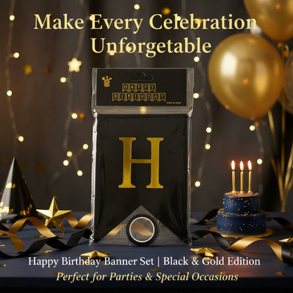 AM7675 Metallic Gold Foil Happy Birthday Paper Banner Decoration Set with Hanging Ribbon String