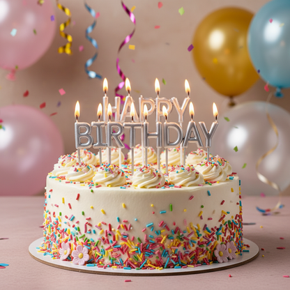 AM7682 Silver Happy Birthday Letter Cake Candles Set For Metallic Theme Cake Decoration Supplies