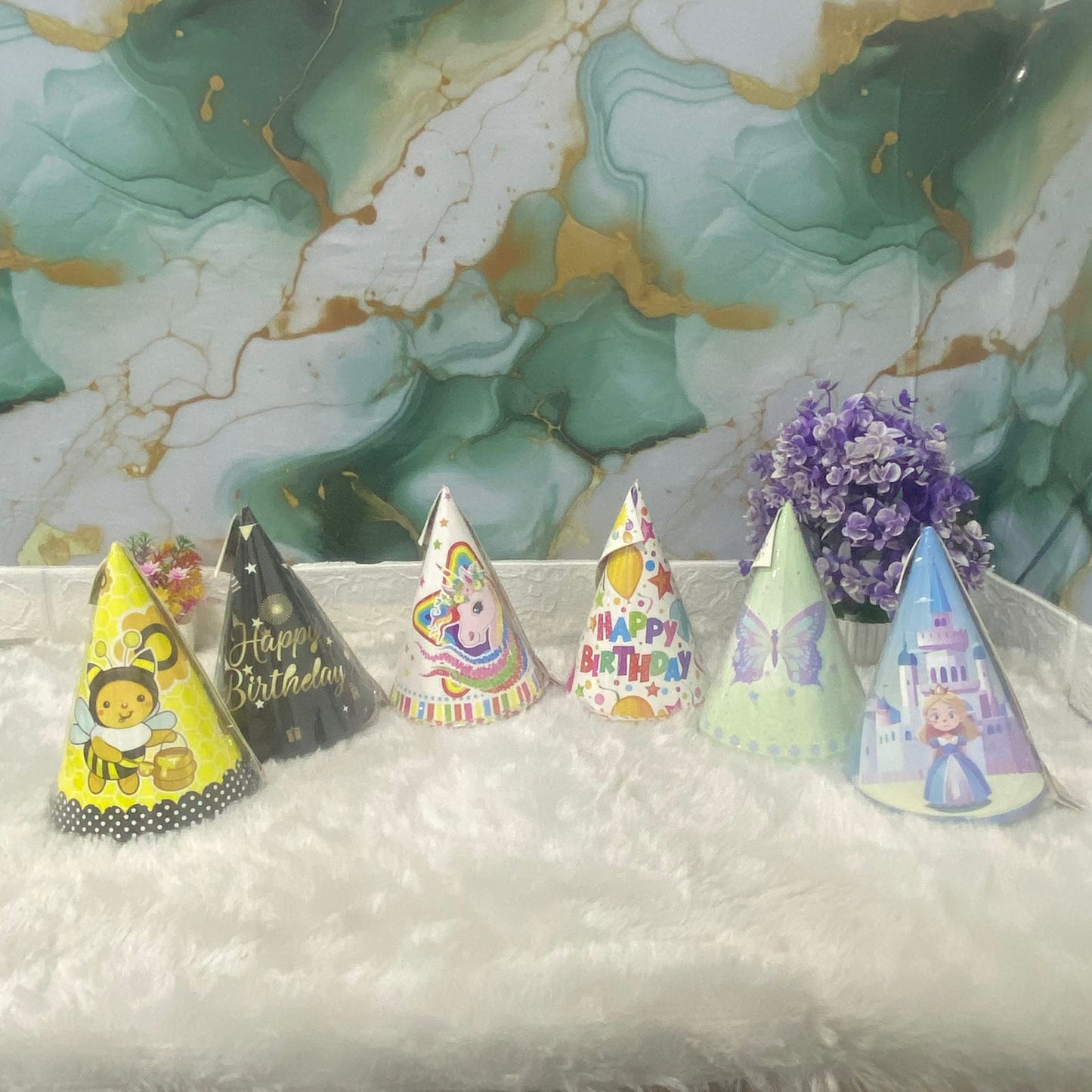 AM7686 Vibrant Multi Theme Birthday Party Cone Hats Pack of 6 for Kids Celebrations