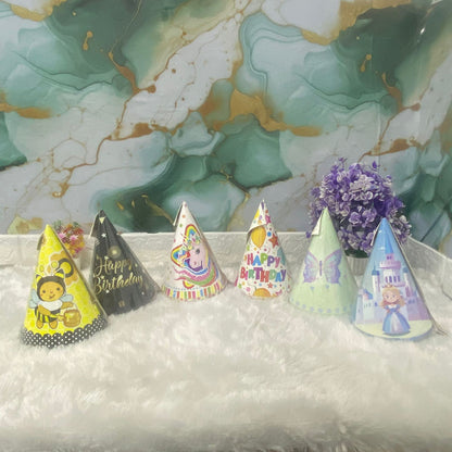 AM7686 Vibrant Multi Theme Birthday Party Cone Hats Pack of 6 for Kids Celebrations